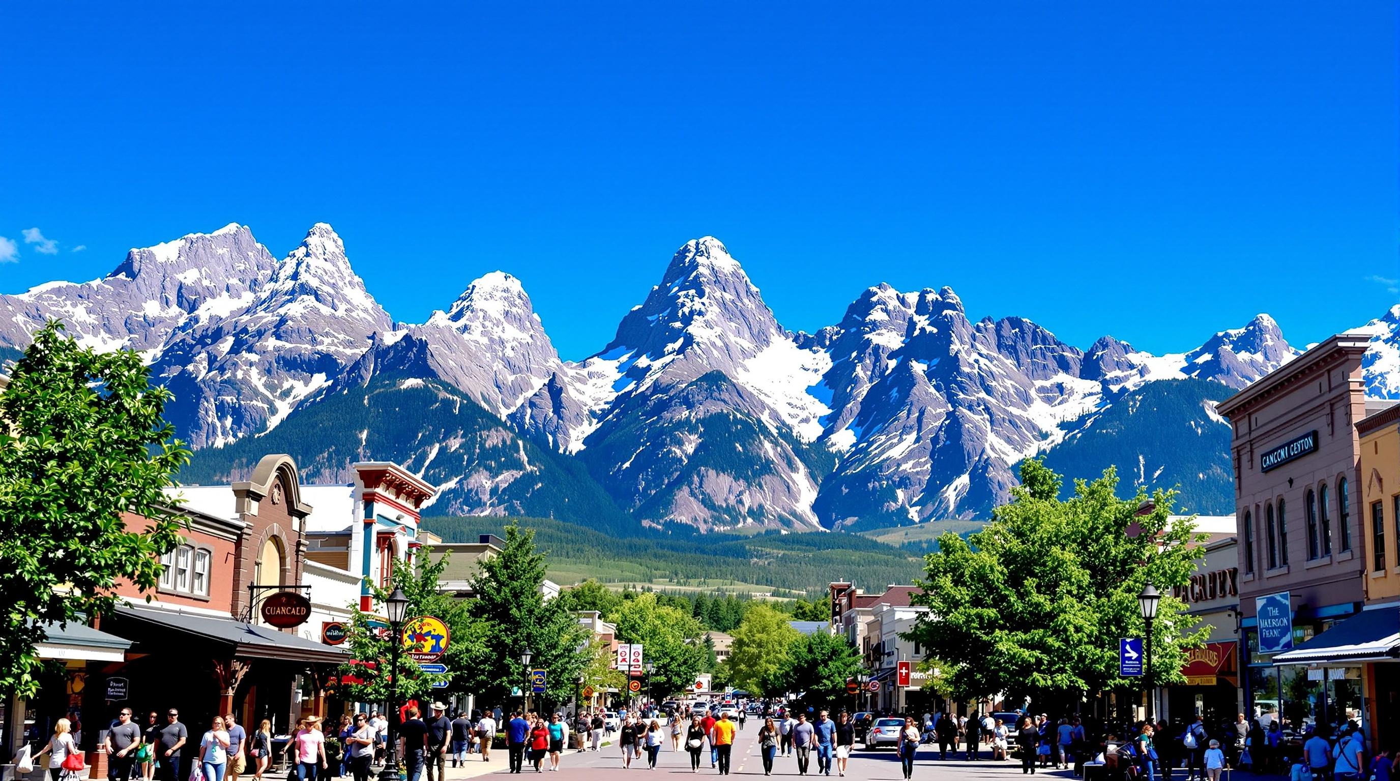 Jackson Town Square with elk antler arches and Teton Mountains